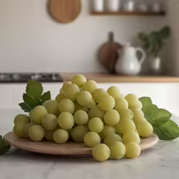 a close up of grapes and leaves on a plate