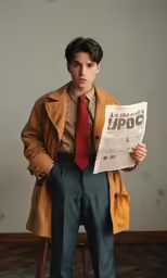a man wearing a coat and a tie and holding a newspaper