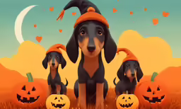 a dog is wearing a pumpkin hat sitting between two dogs