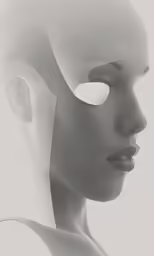 a woman with an alien head and white plastic covering her face