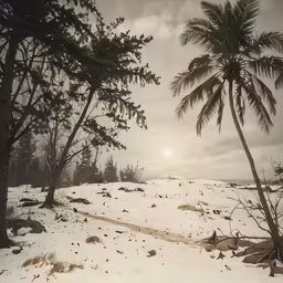 a beach with snow and palm trees on top of it