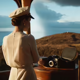 a woman in a hat is standing at a table with a camera