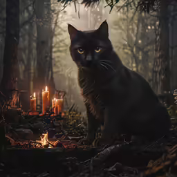 a cat that is sitting by some candles