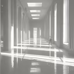 person walking through large hallway between two columns