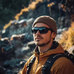 a man with sunglasses and a jacket on and brown hat