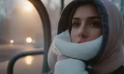 a woman is wearing a white scarf and looking up