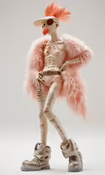 a woman doll in a white costume and pink feather