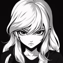 a female anime character with blonde hair in black and white