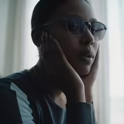 a woman with sunglasses on posing in front of a window