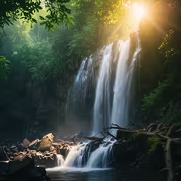 a river that has rocks in front of a tall waterfall