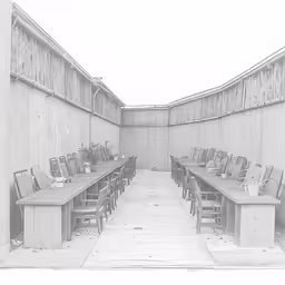 this black and white photo is of tables with chairs