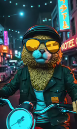 a close up of a person riding on a motorcycle with a cat wearing sunglasses
