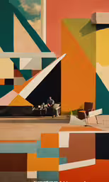 someone sitting outside next to a multi - colored building,a person sitting on a white bench by a colorful wall