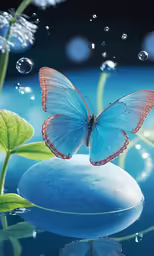 the image is a blue butterfly resting on a rock