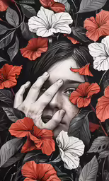 a woman looks into a camera through red and white flowers