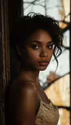 a woman with curly hair is posing for a photo