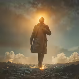 the man is standing on the grass in front of smoke