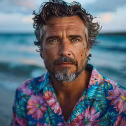 a bearded man wearing a hawaiian shirt in front of a sunset on the water,a man in a colorful hawaiian shirt looks into the distance