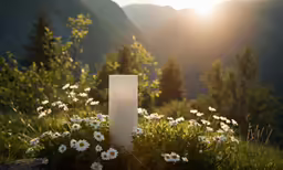 a white candle is in the middle of wildflowers