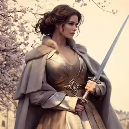 a woman in a costume standing under a tree