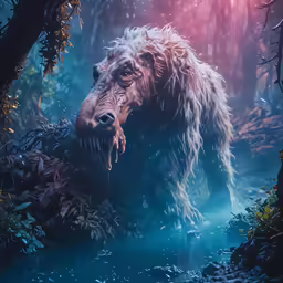 a large animal standing in the middle of a forest