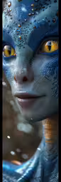 a close up of a person with painted skin and blue body paint,an alien is staring into the camera with a yellow eye