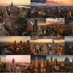 a series of pictures with some buildings and clouds