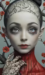 an artistic woman with flowers and branches in her hair