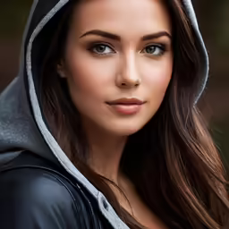 a woman with a hooded jacket on posing for a picture