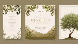 a wedding program is shown with a green tree in the background,four wedding stationery cards with trees in the background