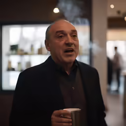 a man is holding a coffee cup and looking up