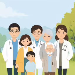 a drawing of a group of doctors standing in front of a tree