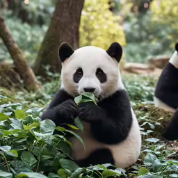 two panda bears are in the woods eating leaves
