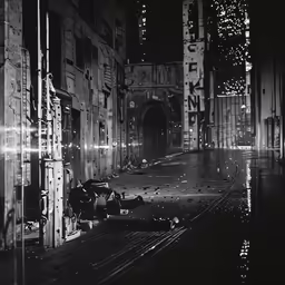 an empty alley at night with broken lights