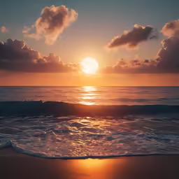 the sun rising over the ocean on a sunny day