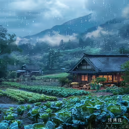 a house in the middle of the forest is lit by light from the roof of the house,a small house in the countryside under rain