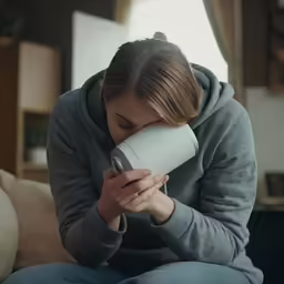 a woman sits down with a thermometer in her mouth