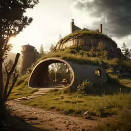 a house on a hill with an interior out of it