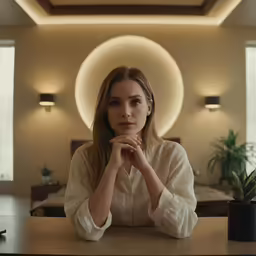 a woman in a white shirt sits with her hands folded on the table