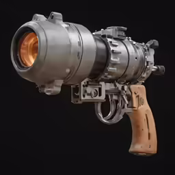 a wooden rifle with a metal scope and red lens