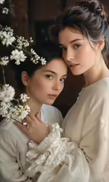 two women standing near each other, one holding flowers