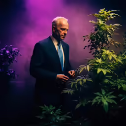 a man in a suit stands on stage with smoke behind him