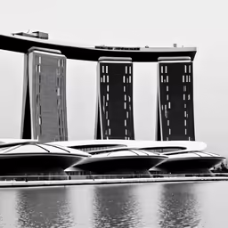 black and white photograph of a pier in front of a building