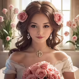 a woman dressed in white holding pink flowers and necklaces