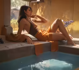 a woman wearing a tank top and shorts is sitting by a pool