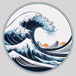 a stylized drawing of waves crashing over each other,the great wave in blue and white with two sunsets on it