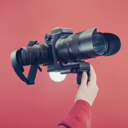 a person holding a large camera on top of a red background