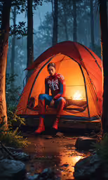 a woman sitting in front of a bright orange tent,the young woman is setting up the tent