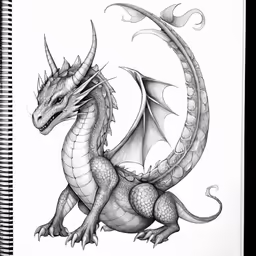a sketch of a dragon sitting in front of a notepad
