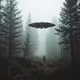 a bird flying over a person in the fog